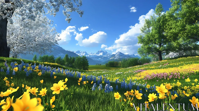 Floral Meadow with Mountain Backdrop AI Image