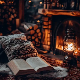 Warm Interior with Book and Fireplace