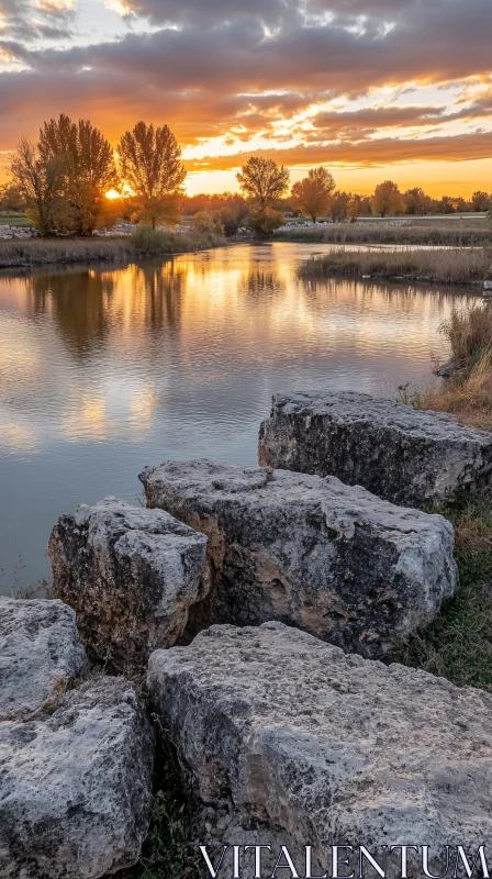 AI ART Tranquil Sunset Lake Scene with Reflections