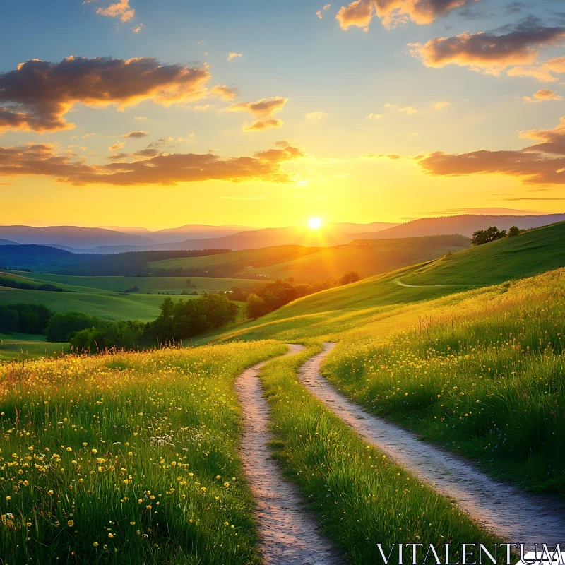 AI ART Tranquil Meadow Path at Sunset