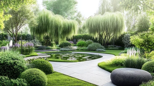 Tranquil Garden Scene with Water Feature