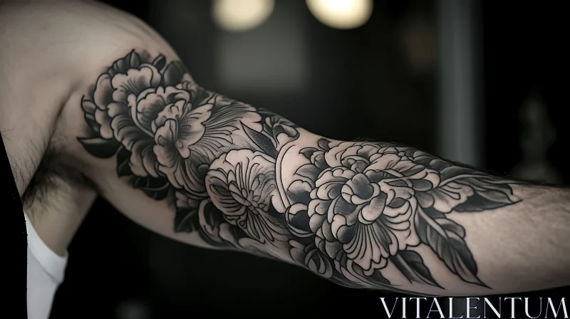 Detailed Black and Grey Floral Arm Tattoo AI Image