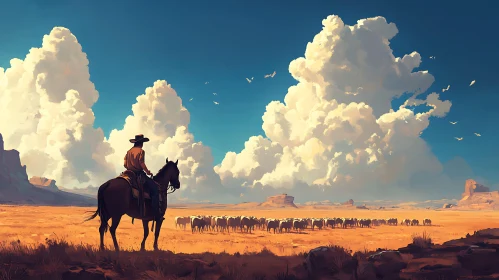 Western Cowboy Landscape with Herd