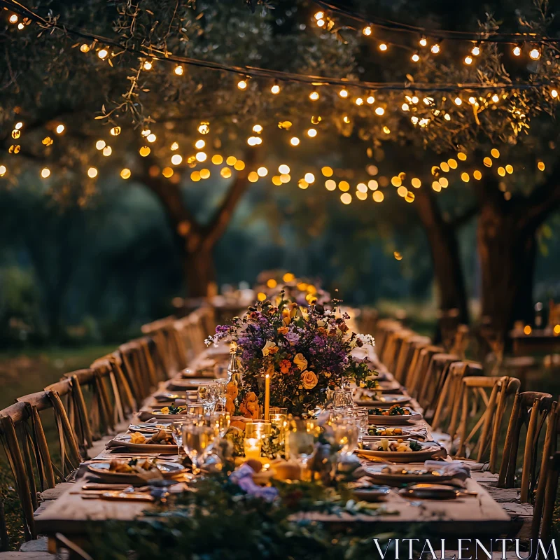 Floral Wedding Table Setting Under Lights AI Image