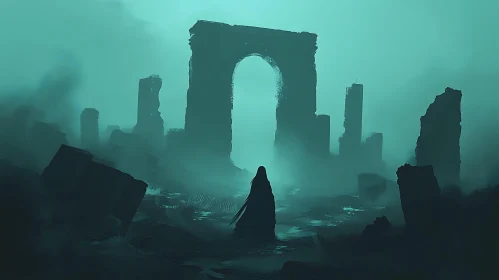 Misty Ruins and Solitary Figure