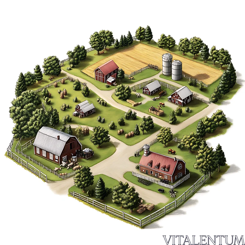 Picturesque Farm Scene with Barns and Fields AI Image