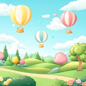 Pastel Landscape with Hot Air Balloons