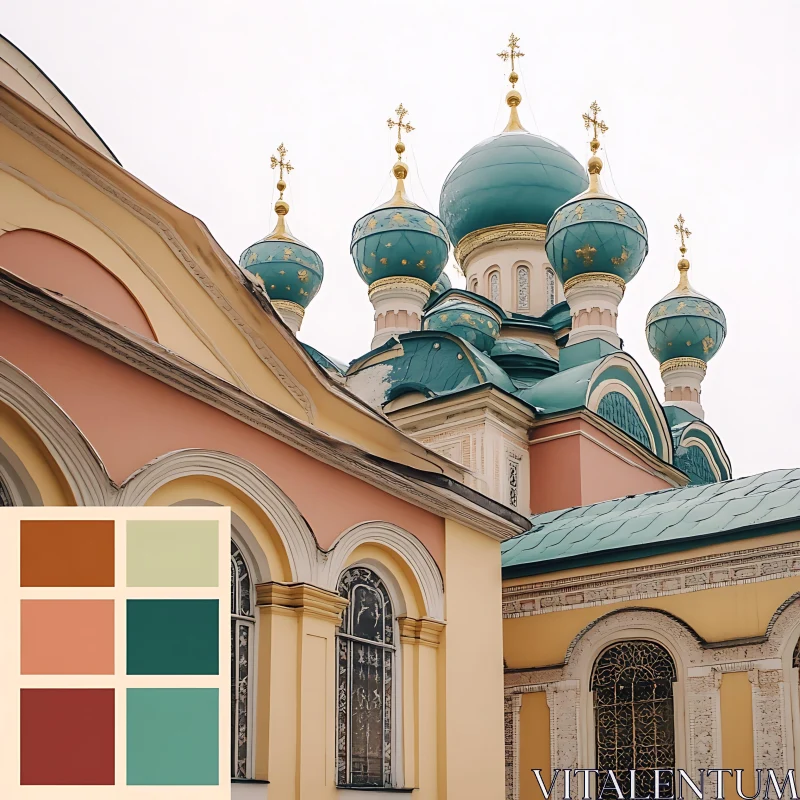 Picturesque Orthodox Cathedral with Teal Domes AI Image