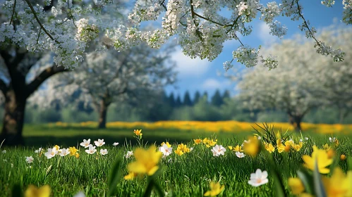 Spring Meadow with White Blossoms