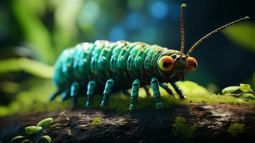Colorful Realism: Green Insect Creature on Log