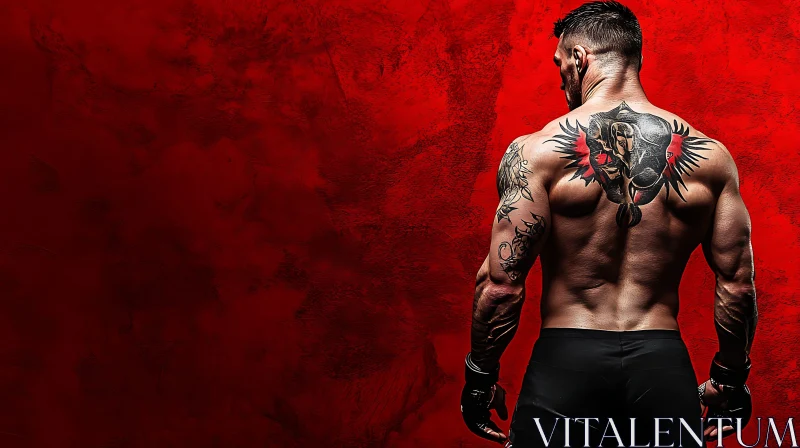 Tattooed Male Body Art Against Red Surface AI Image