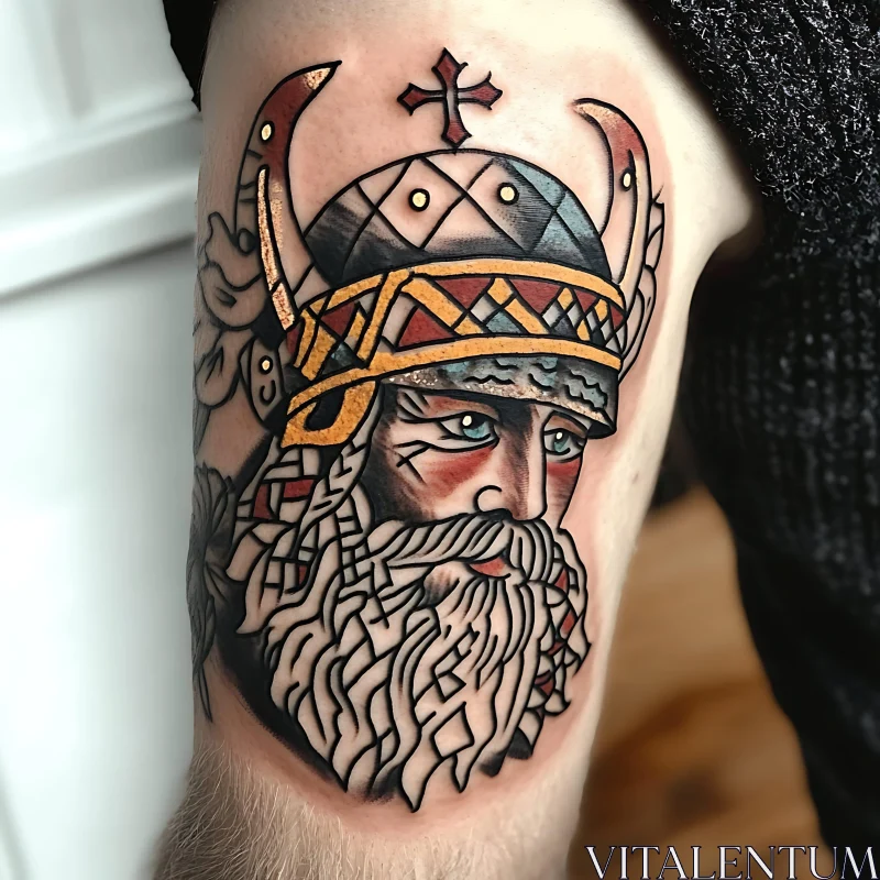 Viking Face Tattoo with Golden Helmet and Blue Eyes AI Image