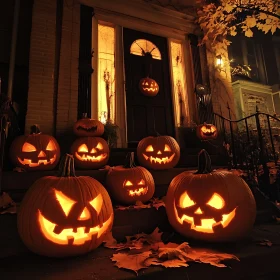 Halloween Pumpkins Display on House Steps