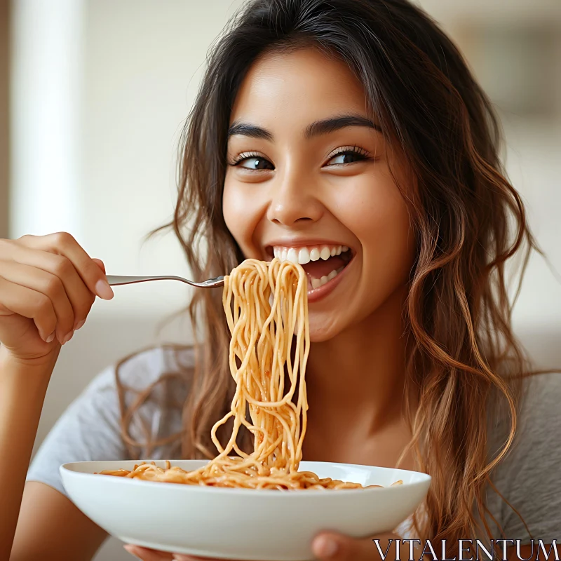 Girl Smiling While Eating Pasta AI Image