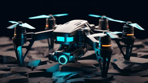 Illuminated Drone Over Rocky Terrain: Retro Futuristic Aesthetic