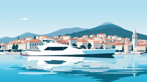 Minimalist Illustration of Kotor Harbor with Docked Boat