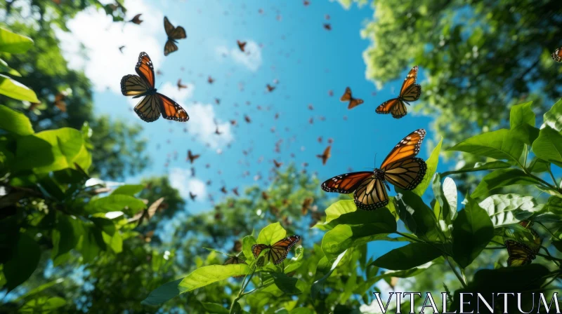 Monarch Butterflies in Sunlit Grove: A Dreamlike Vision of Nature AI Image