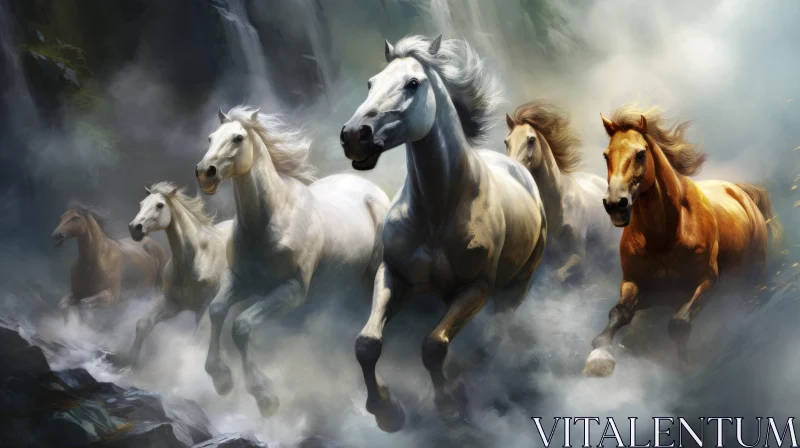 Mystical Group of Horses Running in Water AI Image
