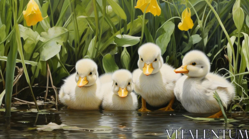 Playful Ducks Swimming in Pond - Oil Painting AI Image
