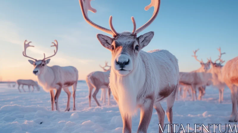 Reindeers in Snow: A Captivating Portrait in Light Magenta and Sky-Blue AI Image