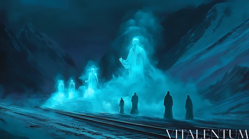 AI ART Ghostly Figures by Mountain Railroad