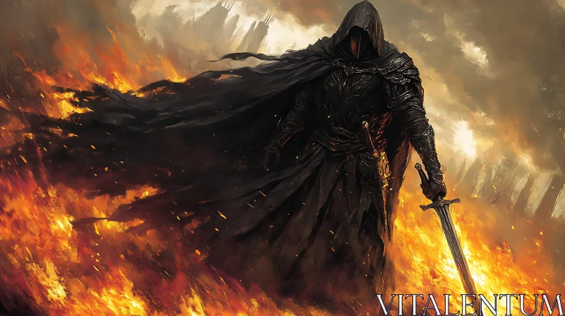 Cloaked Warrior in Fiery Landscape