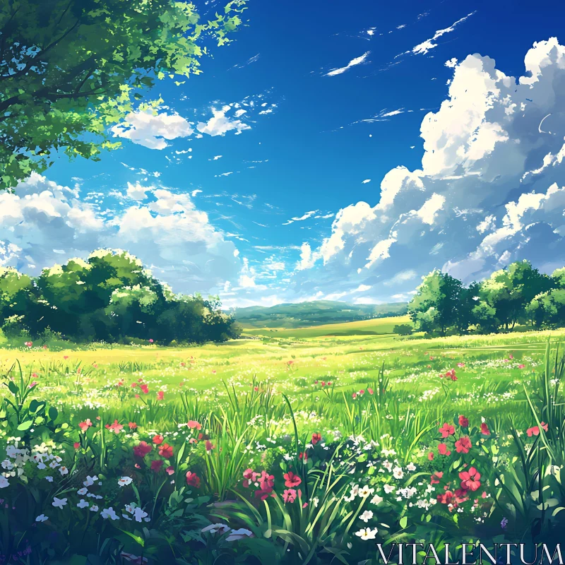 Floral Meadow Under Blue Sky