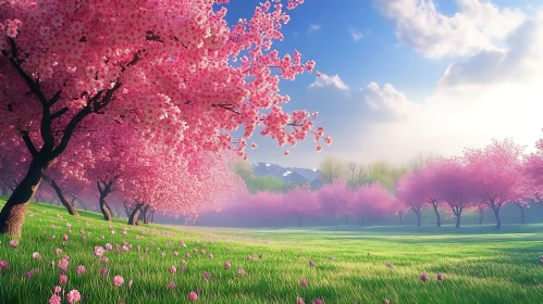 Pink Blossoms in Verdant Field