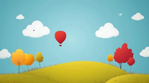 Whimsical Balloon Flight Over Green Hills