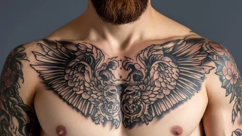 Black Ink Angel Wings Tattoo on Chest