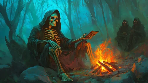 Hooded Skeleton Reading by Campfire