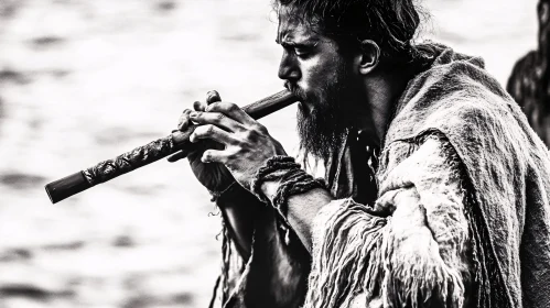 Monochrome Man Playing Flute