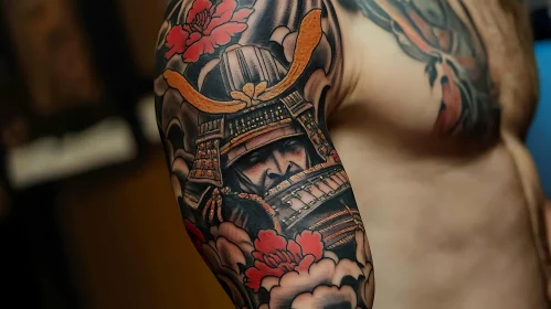 Japanese Samurai Tattoo with Floral Elements
