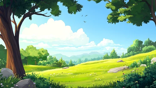 Scenic Green Field with Trees and Clouds
