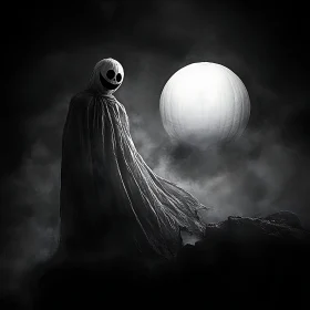 Monochrome Ghost and Moon Illustration