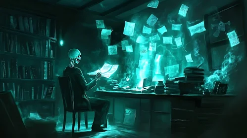 Ghostly Office Scene with Skeleton Figure