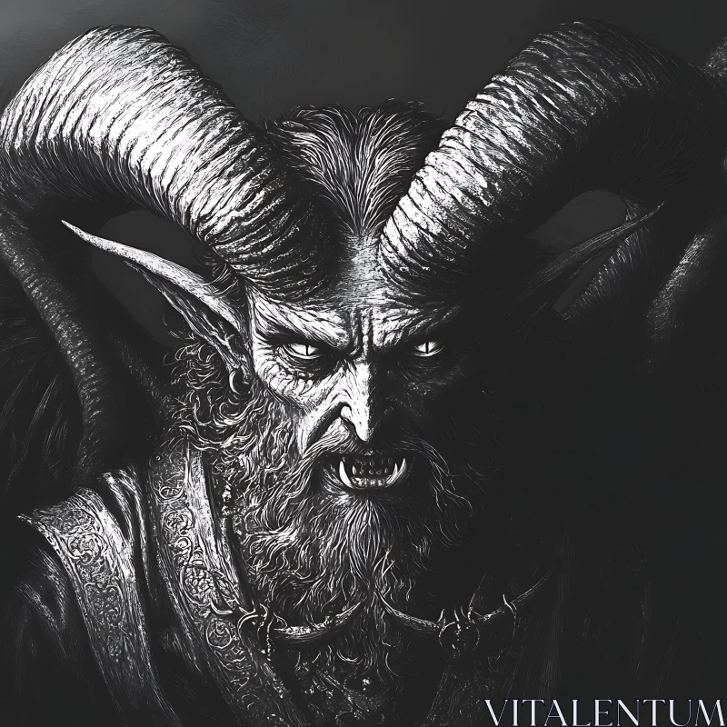 AI ART Monochromatic Demon with Horns and Piercing Eyes