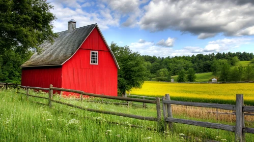 Idyllic Countryside with Red Barn and Flowers