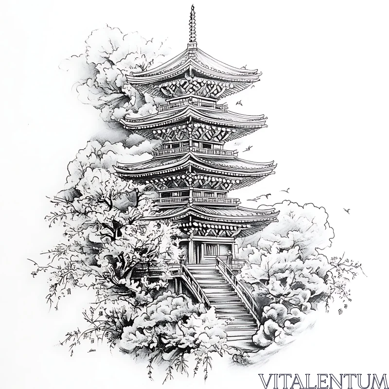 AI ART Japanese Pagoda Ink Art