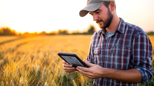 Golden Wheat Field with Farmer Using Tablet
