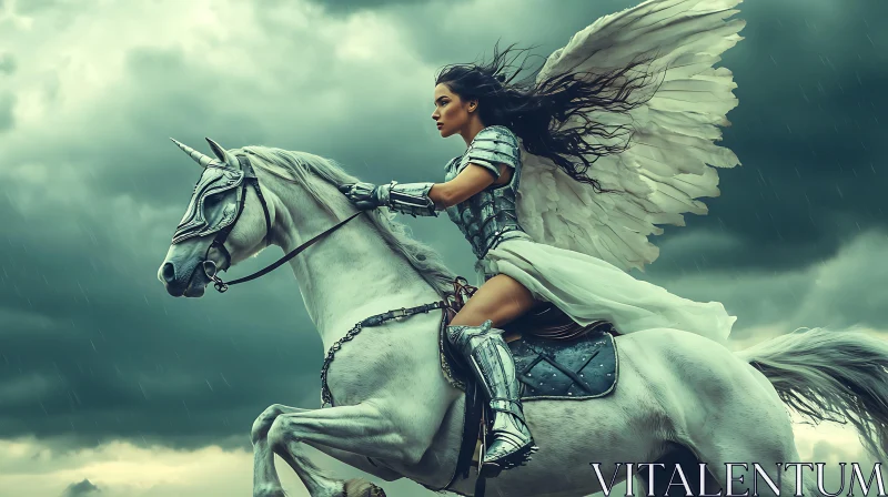 Fantasy Warrior Riding Pegasus Unicorn