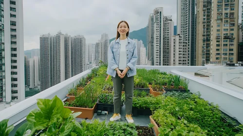 Woman in Rooftop Garden with City View
