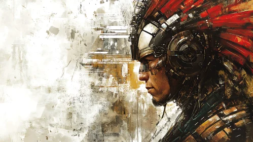 Mechanical Warrior with Red Feather Helmet