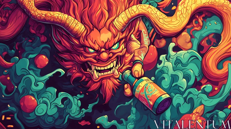 Mythical Dragon with Drink Illustration