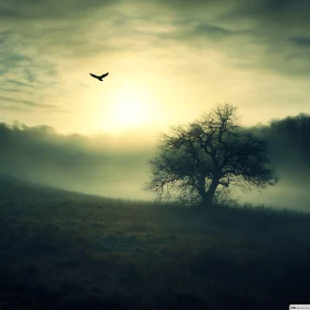 Solitary Bird in Foggy Nature Scene