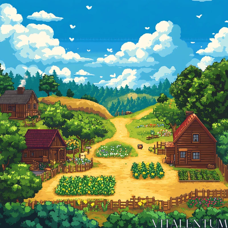 Quaint Pixel Farm with Rolling Hills