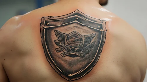 Intricate Shield Tattoo with Emblem and Wings Design
