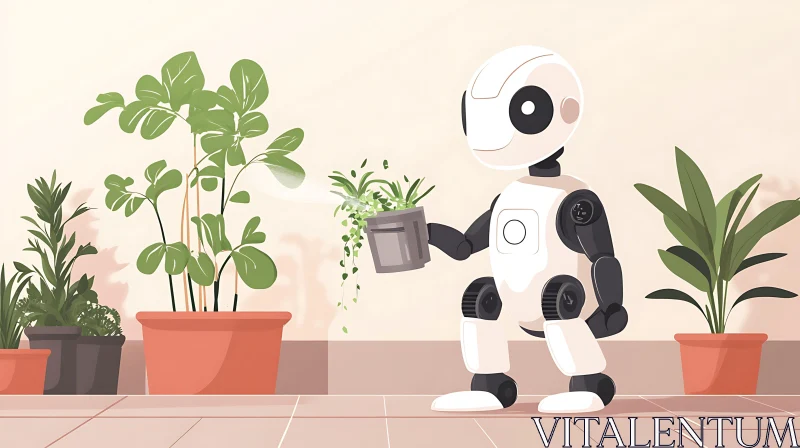 Robotic Gardener Watering Plants Illustration