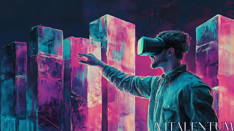 Man in VR Headset Touching Virtual Blocks