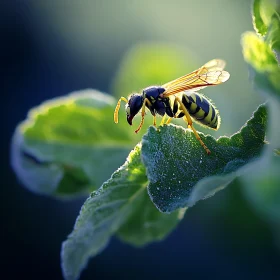 Close-Up Shot of a Wasp on a Dewy Leaf